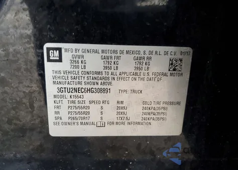 2017 GMC Sierra K1500 Slt z USA, uszkodzony, nr VIN 3GTU2NEC6HG308891